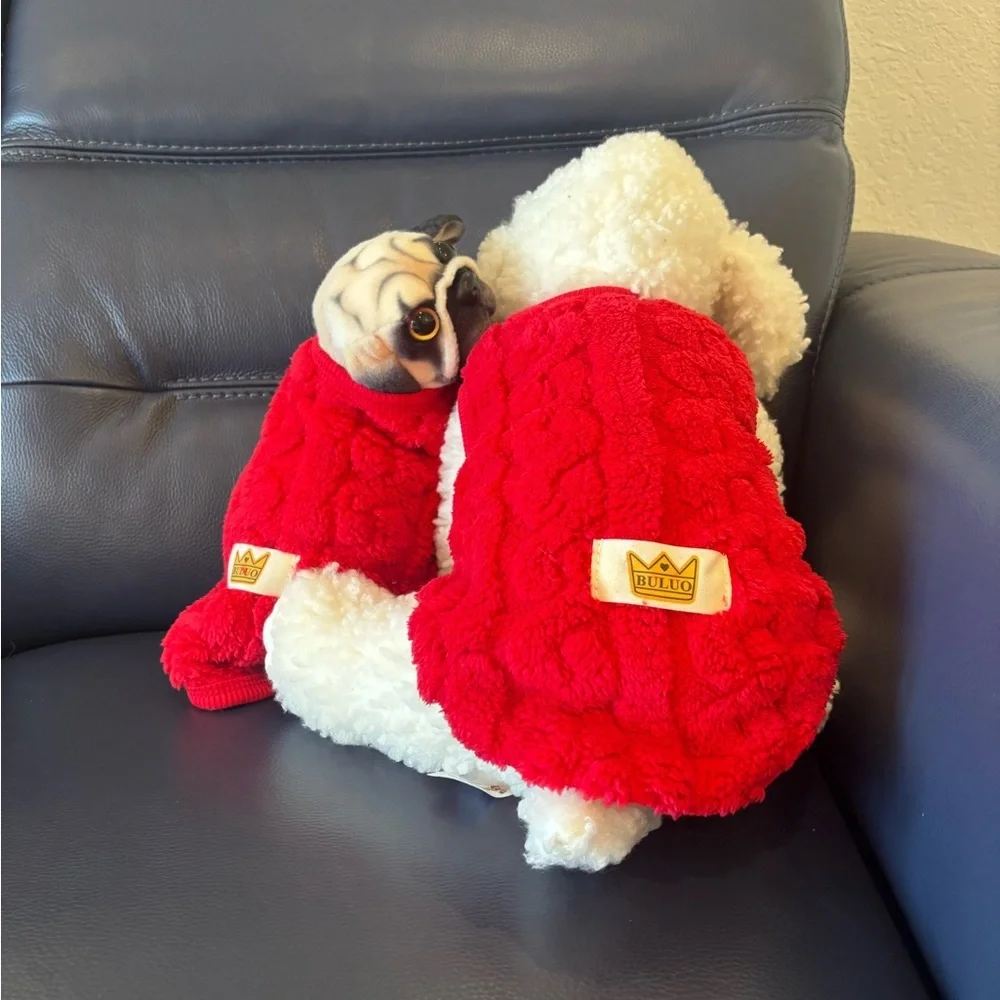 Meet Tiny Red Fluffy Dog Sweater for Pets 💙🩷